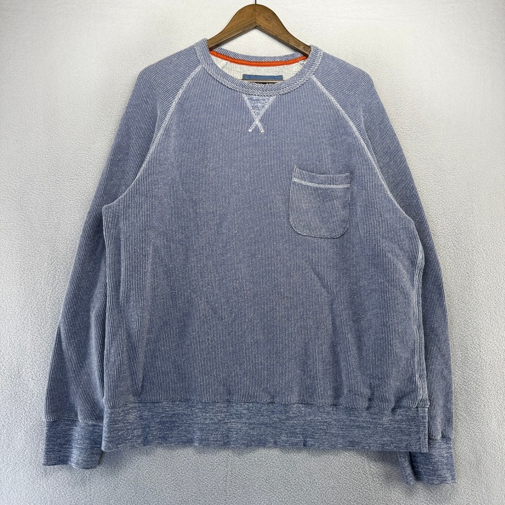 32 Bar Blues Sweatshirt Mens XL Blue Waffle Knit Pocket Pullover Cotton Casual